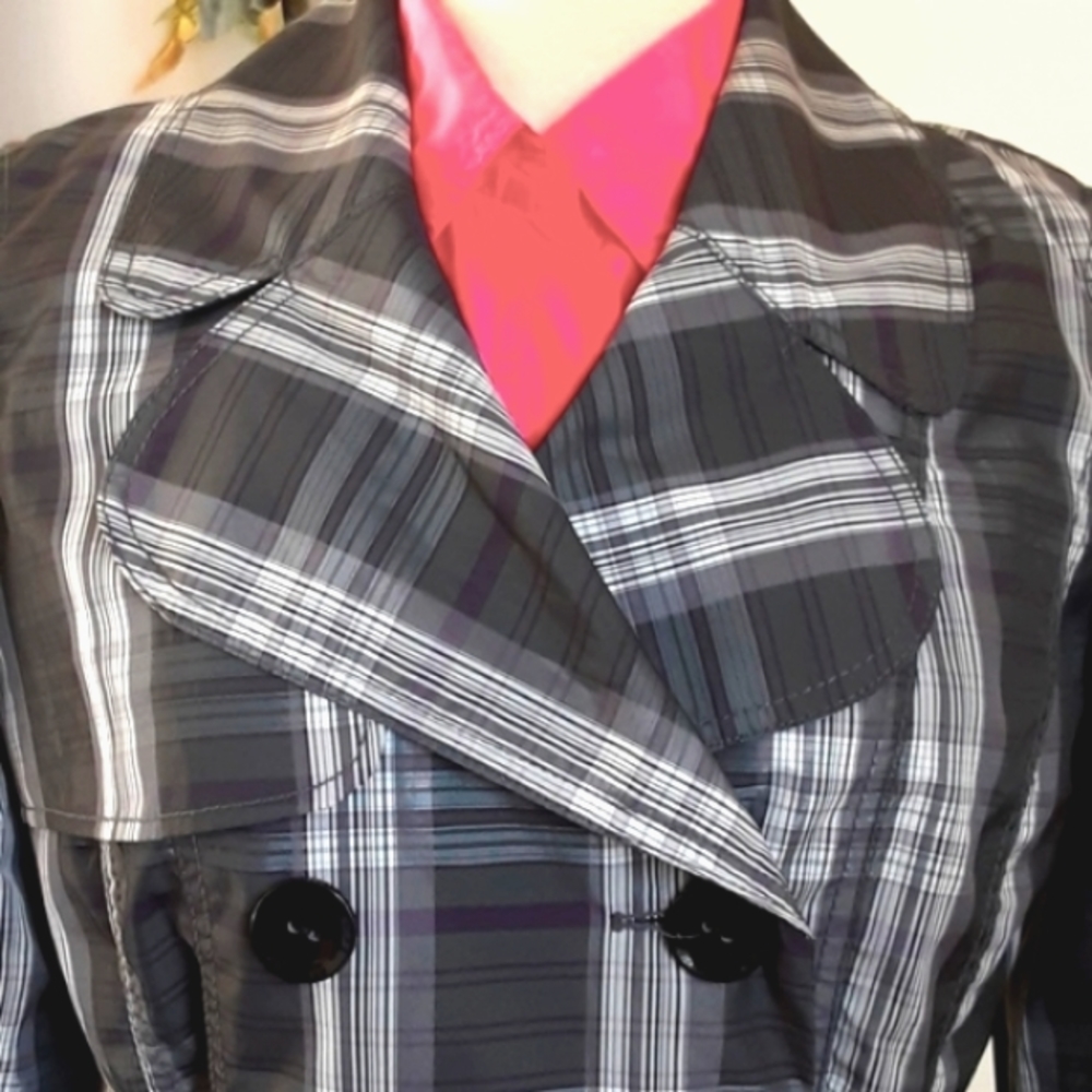Willi Smith black grey purple plaid trench coat women's sm